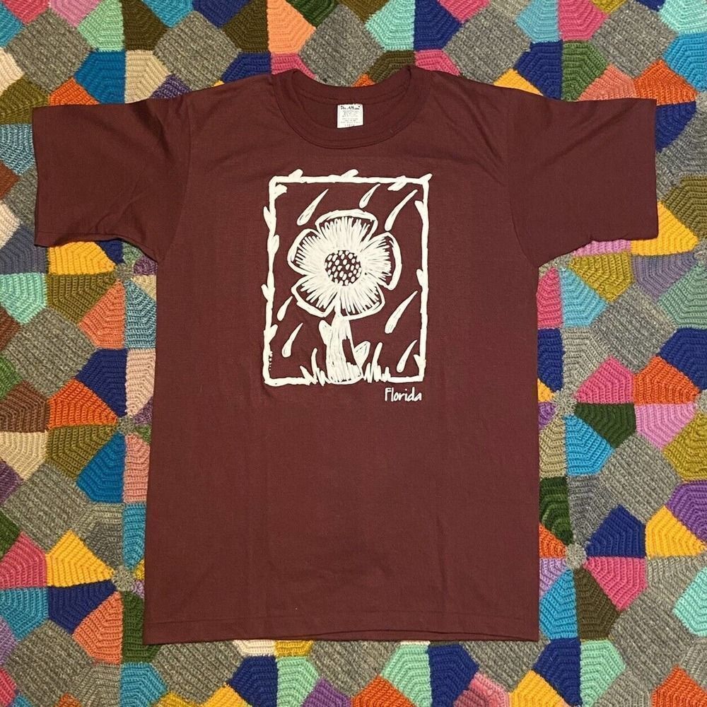 VINTAGE Florida Shirt Mens Large Maroon Single Stitch 80s Puff Print Tourist USA